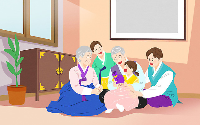 전신 PSD 여자 할아버지 노년 남자 화분 할머니 어린이 액자 일러스트 가족 안기 근하신년 새해 앉기 여러명 성인 설날 한복 서랍장 국내일러스트 한국전통 명절 가구 다수 관계 모션 사람 전통의상 파일형식