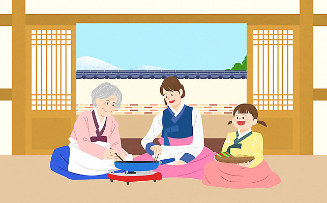 전신 PSD 여자 명절 노년 어린이 음식 일러스트 가족 모녀 근하신년 새해 기와 요리 들기 사람 성인 세명 담장 설날 한복 창호문 여자만 국내일러스트 한국전통 전통 기념일 딸 관계 모션 엄마 문 전통의상 파일형식