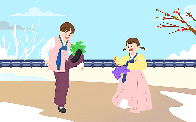 전신 PSD 나무 여자 명절 남자 어린이 겨울 일러스트 근하신년 새해 소녀 소년 두명 담장 설날 전통놀이 눈 한복 동백 제기차기 어린이만 국내일러스트 자연요소 식물 한국전통 전통 계절 기념일 꽃 놀이 날씨 사람 전통의상 파일형식