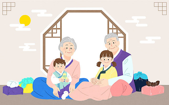 전신 PSD 여자 할아버지 노년 남자 할머니 어린이 일러스트 창문 가족 손자 손녀 근하신년 새해 선물 앉기 여러명 설날 전통문양 한복 손주 보따리 육각형 창호문 국내일러스트 도형 한국전통 전통 문양 명절 다수 관계 모션 사람 성인 문 전통의상 파일형식