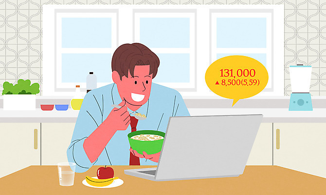 PSD 남자 일러스트 한명 웃음 들기 사람 상반신 성인 주방 모니터 식사 비즈니스맨 주식 시리얼 주가상승 성인남자한명만 국내일러스트 1 음식 비즈니스 모션 표정 금융 컴퓨터 직장인 상승 남자한명만 성인남자만 파일형식