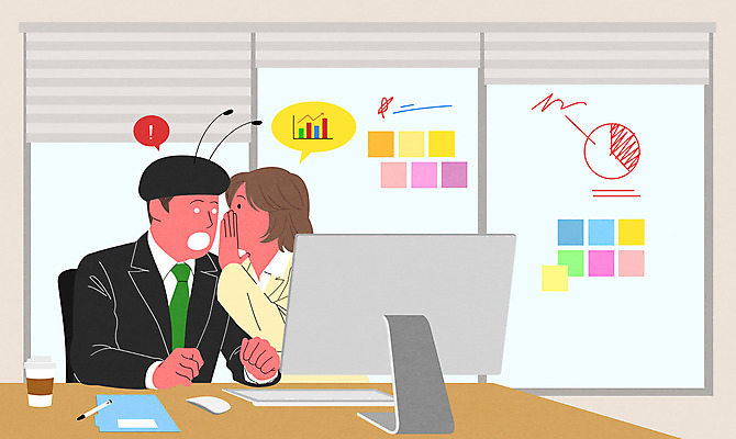 PSD 여자 남자 일러스트 그래프 사람 상반신 두명 사무실 모니터 놀람 비즈니스맨 비즈니스우먼 주식 귓속말 주가상승 성인만 국내일러스트 감정 비즈니스 표정 금융 컴퓨터 직장인 상승 파일형식