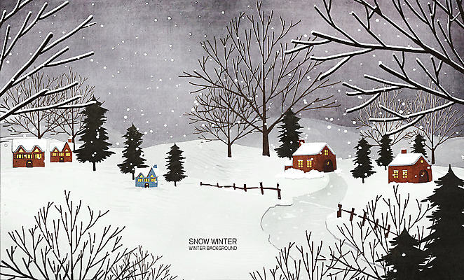 PSD 나무 길 일러스트 주택 사람없음 울타리 마을 흰색 눈 겨울풍경 국내일러스트 자연요소 식물 컬러 겨울 날씨 풍경 건물 담장 파일형식