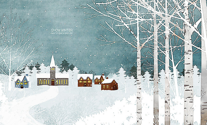 PSD 일러스트 주택 사람없음 빛 마을 흰색 눈 자작나무 겨울풍경 국내일러스트 자연요소 나무 컬러 겨울 날씨 풍경 건물 파일형식