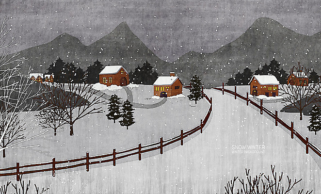 PSD 나무 길 일러스트 산 주택 사람없음 울타리 마을 흰색 눈 겨울풍경 국내일러스트 자연요소 식물 컬러 겨울 날씨 풍경 건물 담장 파일형식