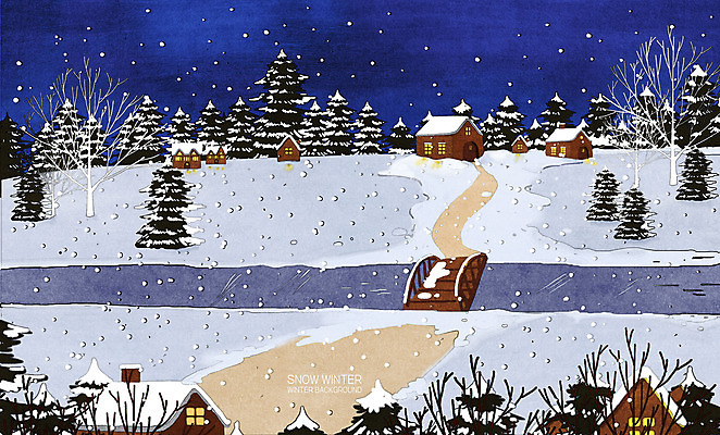 PSD 나무 일러스트 주택 사람없음 빛 강 마을 흰색 눈 야간 언덕 가교 겨울풍경 국내일러스트 자연요소 식물 건축물 컬러 겨울 날씨 풍경 건물 파일형식