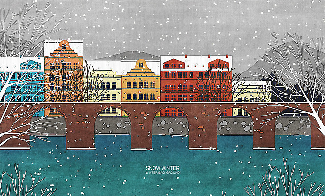 PSD 나무 호수 일러스트 산 사람없음 컬러풀 마을 눈 가교 겨울풍경 국내일러스트 자연요소 식물 건축물 컬러 겨울 날씨 풍경 파일형식
