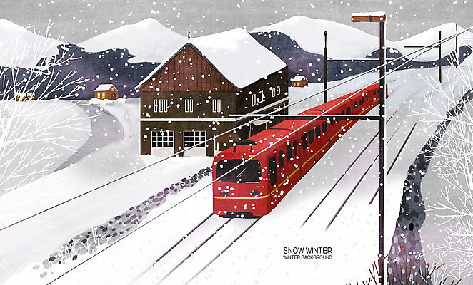 PSD 겨울 일러스트 산 사람없음 마을 기차 흰색 눈 겨울풍경 국내일러스트 자연요소 계절 육상교통 컬러 날씨 대중교통 풍경 파일형식