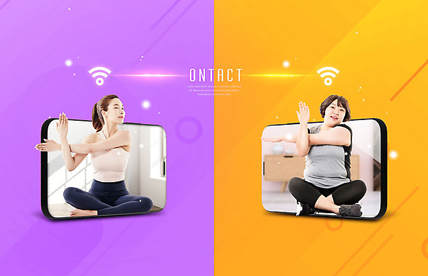 전신 PSD 편집이미지 여자 요가 실내 사람 앉기 20대 성인 두명 앞모습 스마트폰 운동복 노란색 보라색 한국인 와이파이 성인여자만 비대면서비스 언택트 온택트 이미지편집 웰빙 옷 뷰포인트 컬러 모션 동양인 청년 내부 핸드폰 스마트기기 서비스 무선인터넷 여자만 성인만 파일형식