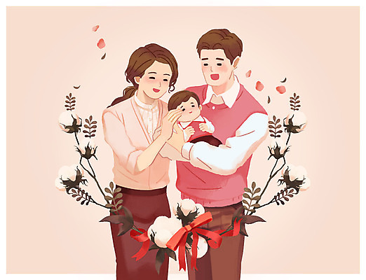 PSD 부부 여자 남자 행복 리본 일러스트 가족 포옹 엄마 사랑 미소 사람 상반신 성인 세명 화목 육아 자녀 아기 아빠 목화꽃 연분홍색 쓰다듬기 국내일러스트 커플 꽃 감정 분홍색 컨셉 관계 안기 모션 표정 파일형식