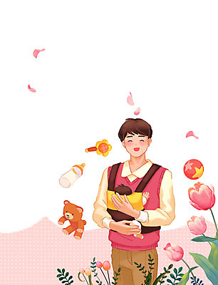 PSD 식물 남자 꽃잎 행복 분홍색 일러스트 가족 안기 사랑 미소 웃음 사람 상반신 성인 두명 장난감 곰인형 육아 튤립 아기 아빠 우유병 낙화 돌봄 아기띠 육아대디 국내일러스트 꽃 감정 인형 컬러 관계 모션 병_용기 표정 아기용품 우유 파일형식