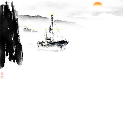 PSD 구름 바다 일러스트 캘리그라피 붓터치 산 등대 풍경 사람없음 태양 어선 동양화 번짐 어촌 낙관 산수화 국내일러스트 자연요소 배_교통 미술 시골 파일형식 효과