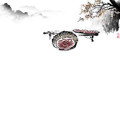 PSD 나무 구름 잎 일러스트 캘리그라피 붓터치 산 풍경 사람없음 빨간색 바구니 소쿠리 숲 동양화 홍고추 번짐 낙관 산수화 고추말리기 국내일러스트 자연요소 식물 컬러 고추 미술 파일형식 효과