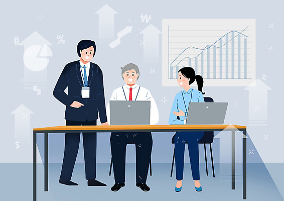 전신 PSD 여자 노년 남자 화살표 일러스트 비즈니스 회의 그래프 서기 사람 앉기 성인 세명 노트북 실버라이프 사무실 직장인 남색 실버취업 사무용책상 국내일러스트 직업 라이프스타일 컬러 모션 전자제품 구직 책상 파일형식