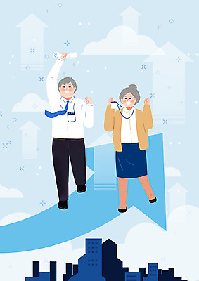 전신 PSD 여자 노년 남자 화살표 하늘색 일러스트 비즈니스 하늘 서기 사람 두명 건물 실버라이프 합격 실버취업 노인만 국내일러스트 라이프스타일 건축물 모션 성인 파란색 구직 성인만 파일형식