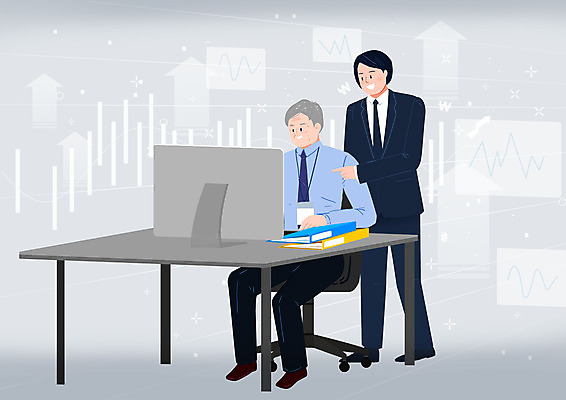 전신 PSD 노년 남자 일러스트 비즈니스 회색배경 서기 사람 앉기 두명 실버라이프 컴퓨터 사무실 모니터 회색 가리킴 업무 직장인 실버취업 사무용책상 남자만 국내일러스트 직업 라이프스타일 컬러 백그라운드 모션 손짓 성인 전자제품 구직 작업 책상 파일형식