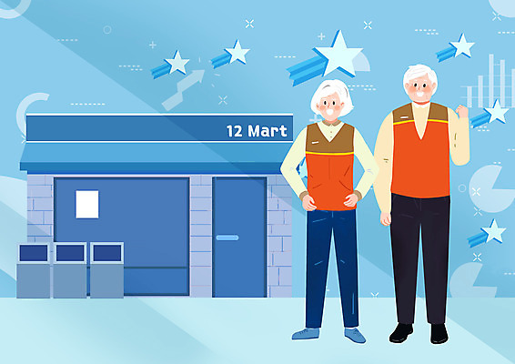 전신 PSD 여자 노년 남자 별 하늘색 일러스트 비즈니스 서기 사람 두명 실버라이프 파이팅 조끼 창업 마트 일자리 실버취업 편의점 노인만 국내일러스트 자연요소 라이프스타일 모션 성인 파란색 상점 외투 구직 자영업 성인만 파일형식