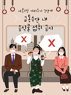 전신 여자 남자 커피 음식 교통수단 의자 일러스트 마스크 사람 성인 세명 갈색 전철 먹기 매너 음식물금지 성인만 코로나바이러스 사회적거리두기 턱스크 델타변이바이러스 국내일러스트 AI파일 음료 육상교통 캠페인 컬러 가구 교통 모션 대중교통 금지 예절 바이러스 합성어 파일형식 벡터