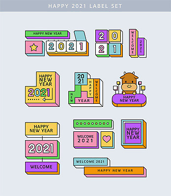 일러스트 새해 사람없음 세트 컬러풀 라벨 달력 입체 황소 해피뉴이어 엔터 2021년 신축년 국내일러스트 AI파일 컬러 프레임 새해인사 소 연도 파일형식 벡터