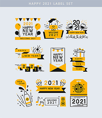 리본 음악 라인일러스트 일러스트 새해 폭죽 사람없음 세트 노란색 라벨 와인 검은색 소 미러볼 해피뉴이어 풍선 2021년 신축년 국내일러스트 AI파일 컬러 포유류 문화예술 프레임 주류 장식 새해인사 연도 파일형식 벡터