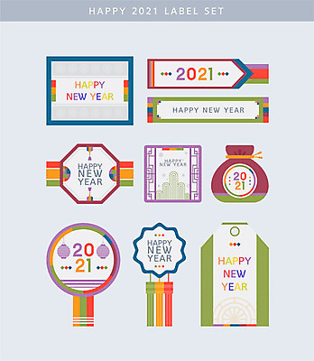 전통 문양 일러스트 새해 복주머니 사람없음 세트 컬러풀 라벨 저고리 해피뉴이어 2021년 신축년 국내일러스트 AI파일 컬러 프레임 전통소품 새해인사 한복 연도 파일형식 벡터