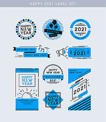 리본 말풍선 라인일러스트 일러스트 새해 사람없음 파란색 세트 라벨 확성기 해피뉴이어 풍선 2021년 신축년 국내일러스트 AI파일 컬러 프레임 새해인사 연도 파일형식 벡터