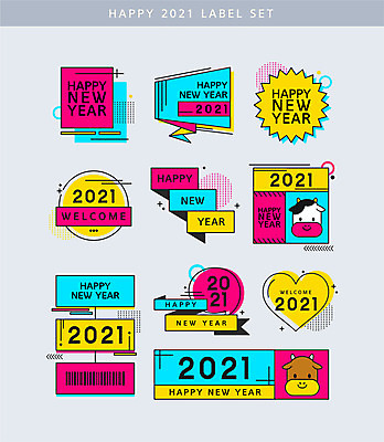리본 말풍선 일러스트 새해 사람없음 세트 컬러풀 라벨 소 바코드 해피뉴이어 2021년 신축년 국내일러스트 AI파일 컬러 포유류 프레임 새해인사 연도 파일형식 벡터