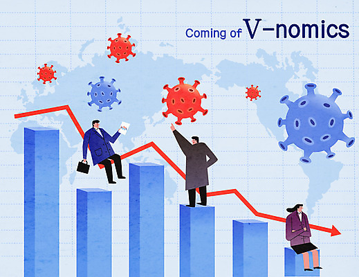 전신 여자 남자 화살표 세계지도 일러스트 비즈니스 그래프 성인 세명 파란색 직장인 바이러스 하락 사회이슈 경제불황 주가하락 성인만 브이노믹스 국내일러스트 AI파일 직업 컬러 컨셉 지도 사람 경제 세계 주식 불황 파일형식 벡터