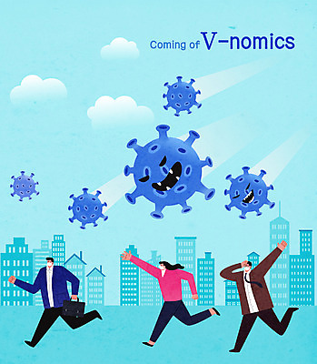 전신 여자 남자 하늘색 일러스트 마스크 성인 건물 세명 달리기 직장인 바이러스 탈출 사회이슈 경제불황 성인만 브이노믹스 국내일러스트 AI파일 직업 건축물 컨셉 모션 사람 경제 파란색 불황 파일형식 벡터