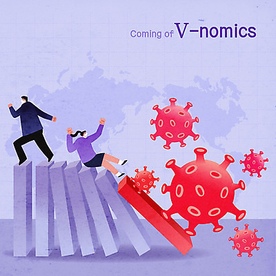 전신 여자 남자 세계지도 일러스트 성인 두명 달리기 보라색 바이러스 사회이슈 경제불황 넘어짐 도미노 성인만 무너짐 브이노믹스 국내일러스트 AI파일 컬러 컨셉 지도 모션 사람 경제 세계 불황 파일형식 벡터