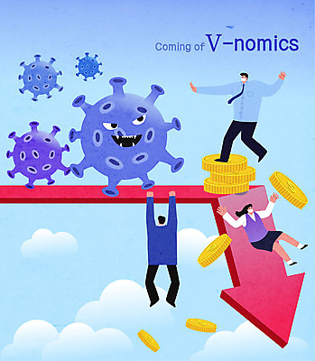 전신 여자 남자 화살표 하늘색 일러스트 매달리기 마스크 성인 세명 동전 바이러스 떨어짐 하락 사회이슈 경제불황 성인만 무너짐 브이노믹스 국내일러스트 AI파일 컨셉 돈 모션 사람 경제 파란색 불황 파일형식 벡터