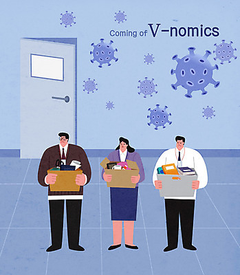 전신 여자 남자 하늘색 일러스트 회사 들기 성인 세명 상자 직장인 바이러스 실업자 실업 사회이슈 일자리 해고 경제불황 성인만 브이노믹스 국내일러스트 AI파일 직업 컨셉 비즈니스 모션 사람 경제 파란색 불황 파일형식 벡터