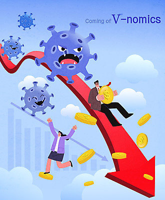 전신 구름 여자 남자 화살표 하늘색 일러스트 비즈니스 그래프 들기 성인 두명 동전 직장인 바이러스 떨어짐 하락 사회이슈 경제불황 성인만 브이노믹스 국내일러스트 AI파일 자연요소 직업 컨셉 돈 모션 사람 경제 파란색 불황 파일형식 벡터