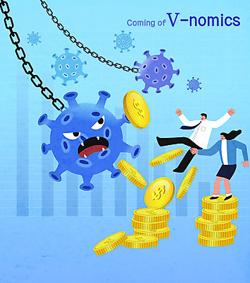 전신 여자 남자 하늘색 일러스트 성인 두명 동전 직장인 바이러스 하락 사회이슈 경제불황 동전탑 성인만 무너짐 브이노믹스 국내일러스트 AI파일 직업 컨셉 돈 모션 사람 경제 파란색 쌓기 불황 파일형식 벡터
