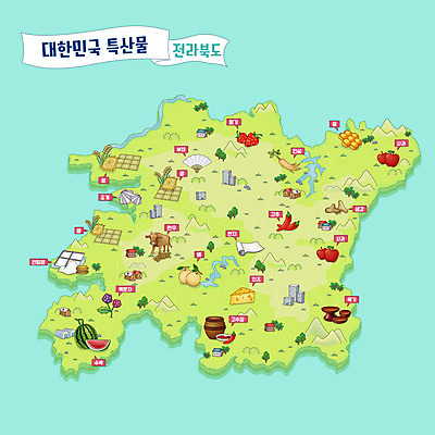 지도 일러스트 딸기 수박 한국 사람없음 연두색 고추장 사과 전라북도 한지 특산물 소금 지역 꿀 민트색 선박 안내도 국내일러스트 AI파일 아시아 종이 컬러 수상교통 과일 초록색 양념 전라도 파일형식 벡터