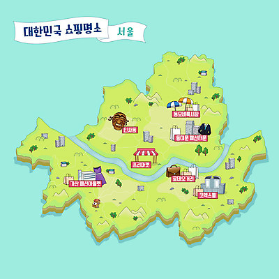 지도 일러스트 서울 한국 사람없음 연두색 쇼핑몰 지역 로데오 동대문시장 민트색 인사동 프리마켓 안내도 국내일러스트 AI파일 아시아 컬러 초록색 시장 파일형식 벡터