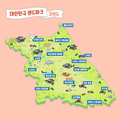 지도 일러스트 한국 국립공원 사람없음 관광지 동굴 강원도 대관령 남이섬 대관령양떼목장 도립공원 랜드마크 설악산 소양호 오대산 오일장 정선 태백산 통일전망대 횡성 치악산 비무장지대 안내도 국내일러스트 AI파일 공원 아시아 섬 여행 산 전망대 인제 평창 태백 파일형식 벡터