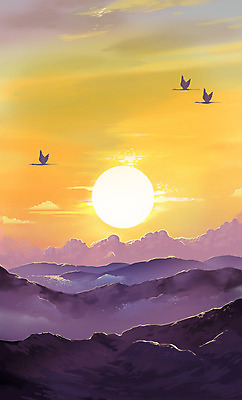 PSD 일러스트 자연 조류 하늘 세마리 풍경 사람없음 태양 일출 산등성이 국내일러스트 자연요소 동물 산 3 노을 생태계 파일형식