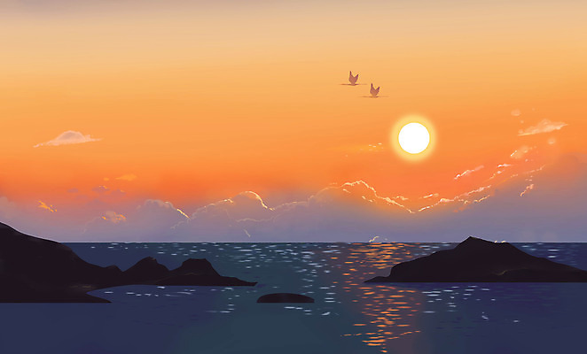 PSD 구름 바다 섬 두마리 일러스트 자연 조류 하늘 풍경 사람없음 태양 일출 국내일러스트 자연요소 동물 2 노을 생태계 파일형식