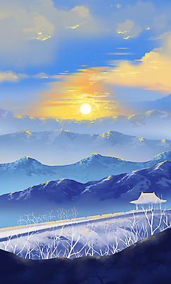 PSD 구름 겨울 일러스트 자연 하늘 풍경 사람없음 파란색 태양 일출 산성 설산 국내일러스트 자연요소 건축물 계절 컬러 산 노을 생태계 파일형식