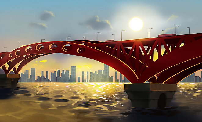 PSD 구름 일러스트 하늘 풍경 빌딩 사람없음 강 태양 일출 도시 성산대교 국내일러스트 자연요소 서울 건물 노을 다리_건축물 파일형식