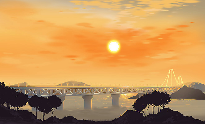 PSD 구름 일러스트 하늘 산 풍경 사람없음 태양 일출 주황색 다리 가교 국내일러스트 자연요소 건축물 컬러 신체부위 노을 파일형식