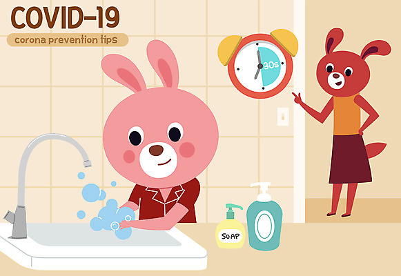 전신 시계 동물캐릭터 일러스트 상반신 사람없음 토끼 세면대 화장실 예방 비누 손씻기 코로나바이러스 생활방역 델타변이바이러스 국내일러스트 일러캐릭터 AI파일 동물 캐릭터 포유류 반려동물 위생용품 바이러스 씻기 방역 파일형식 벡터