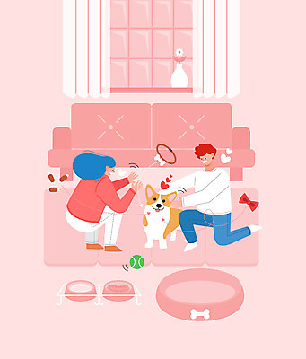 전신 한마리 여자 남자 반려견 거실 일러스트 창문 앉기 성인 두명 소파 매트 커튼 야구공 애견용품 개밥그릇 놀기 반려 연분홍색 웰시코기 성인만 국내일러스트 반려용품 AI파일 1 그릇 분홍색 의자 공 모션 사람 반려동물 야구용품 개 오브젝트 파일형식 벡터