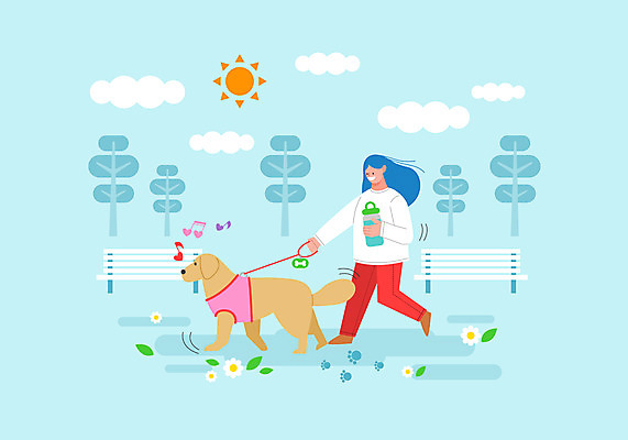 전신 나무 구름 한마리 공원 여자 반려견 하늘색 벤치 일러스트 한명 들기 사람 성인 태양 산책 강아지 물병 목줄 반려 성인여자한명만 국내일러스트 AI파일 자연요소 식물 1 공공시설 의자 모션 휴식 파란색 반려동물 개 물통 여자한명만 성인여자만 파일형식 벡터 반려용품