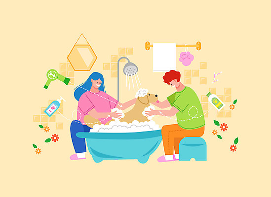 전신 한마리 여자 남자 반려견 일러스트 욕조 앉기 성인 두명 노란색 목욕 거품 욕실 강아지 드라이어 샤워기 목욕타월 반려 수건걸이 욕실의자 성인만 씻겨주기 애견샴푸 국내일러스트 AI파일 1 컬러 의자 모션 사람 반려동물 수건 청결 미용용품 개 애견용품 파일형식 벡터