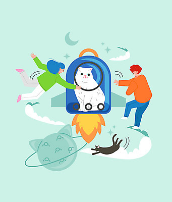 전신 여자 남자 두마리 일러스트 성인 두명 고양이 행성 로켓 달 비행 우주선 민트색 반려 이동가방 성인만 반려묘 국내일러스트 AI파일 자연요소 컬러 2 가방 포유류 사람 반려동물 우주 파일형식 벡터 반려용품