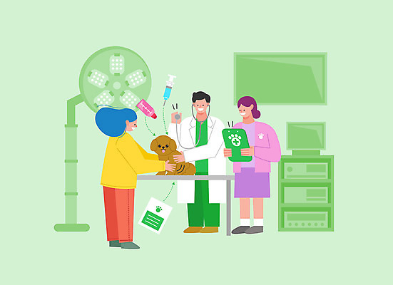 전신 한마리 여자 남자 반려견 일러스트 의료기기 들기 성인 세명 모니터 진료 간호사 강아지 동물병원 수의사 반려 진료대 성인만 국내일러스트 AI파일 1 의학 모션 병원 사람 반려동물 컴퓨터 의료진 의사 개 파일형식 벡터