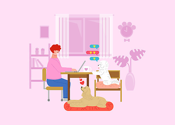 전신 남자 반려견 두마리 의자 일러스트 방석 한명 앉기 성인 업무 강아지 책상 연보라색 재택근무 반려 벽걸이시계 성인남자한명만 국내일러스트 AI파일 1 시계 가구 2 비즈니스 모션 사람 반려동물 보라색 작업 개 남자한명만 성인남자만 파일형식 벡터