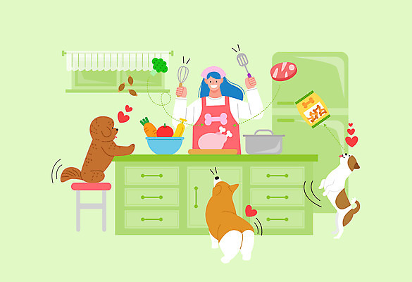 여자 반려견 채소 일러스트 육류 세마리 요리 한명 상반신 성인 연두색 주방 앞치마 강아지 냄비 조리대 냉장고 반려 애견간식 성인여자한명만 국내일러스트 AI파일 1 식재료 3 사람 초록색 반려동물 가전제품 개 솥 여자한명만 성인여자만 파일형식 벡터